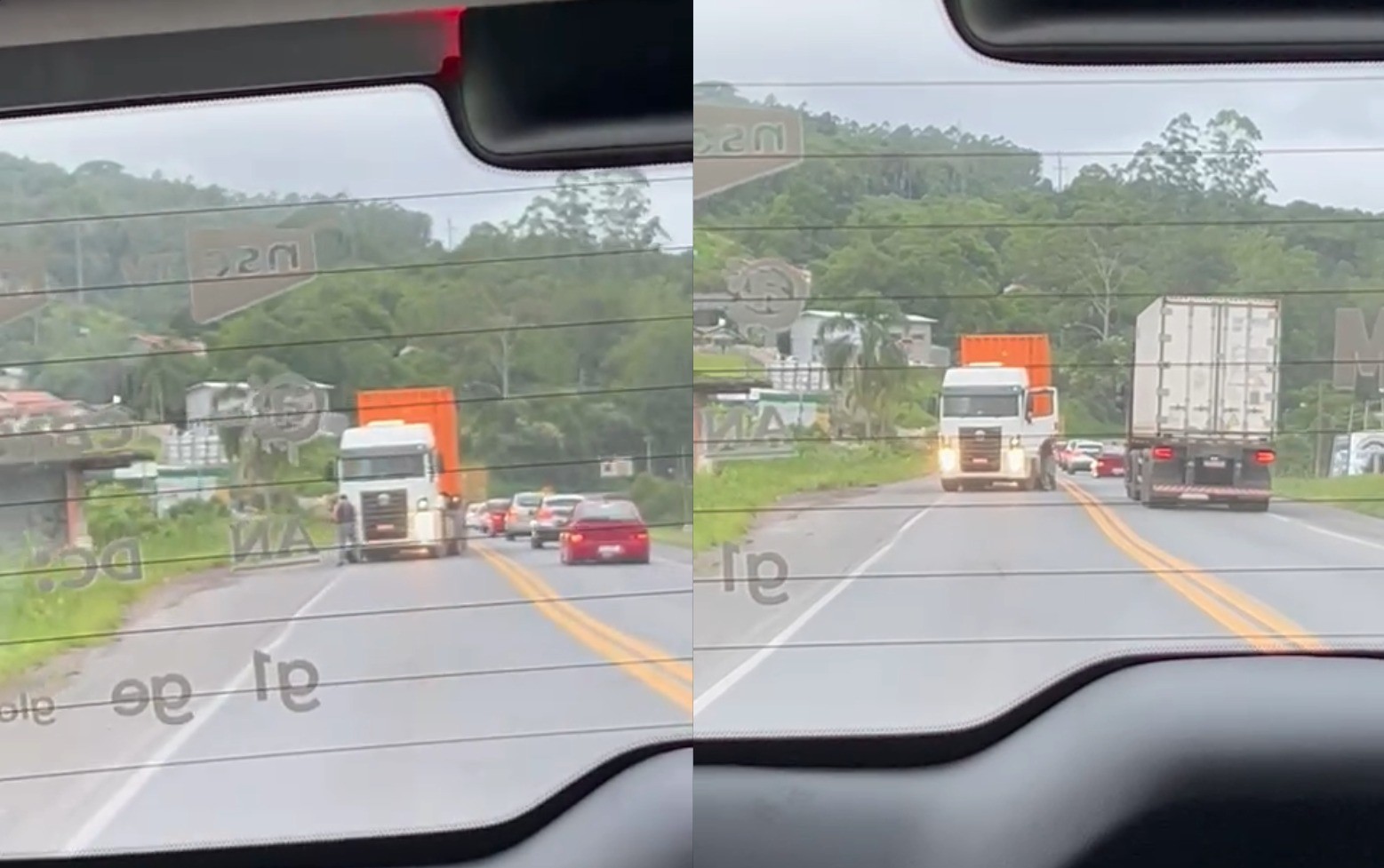 Caminhoneiro aproveita trânsito lento parar urinar no meio da pista na BR-470, em SC; VÍDEO
